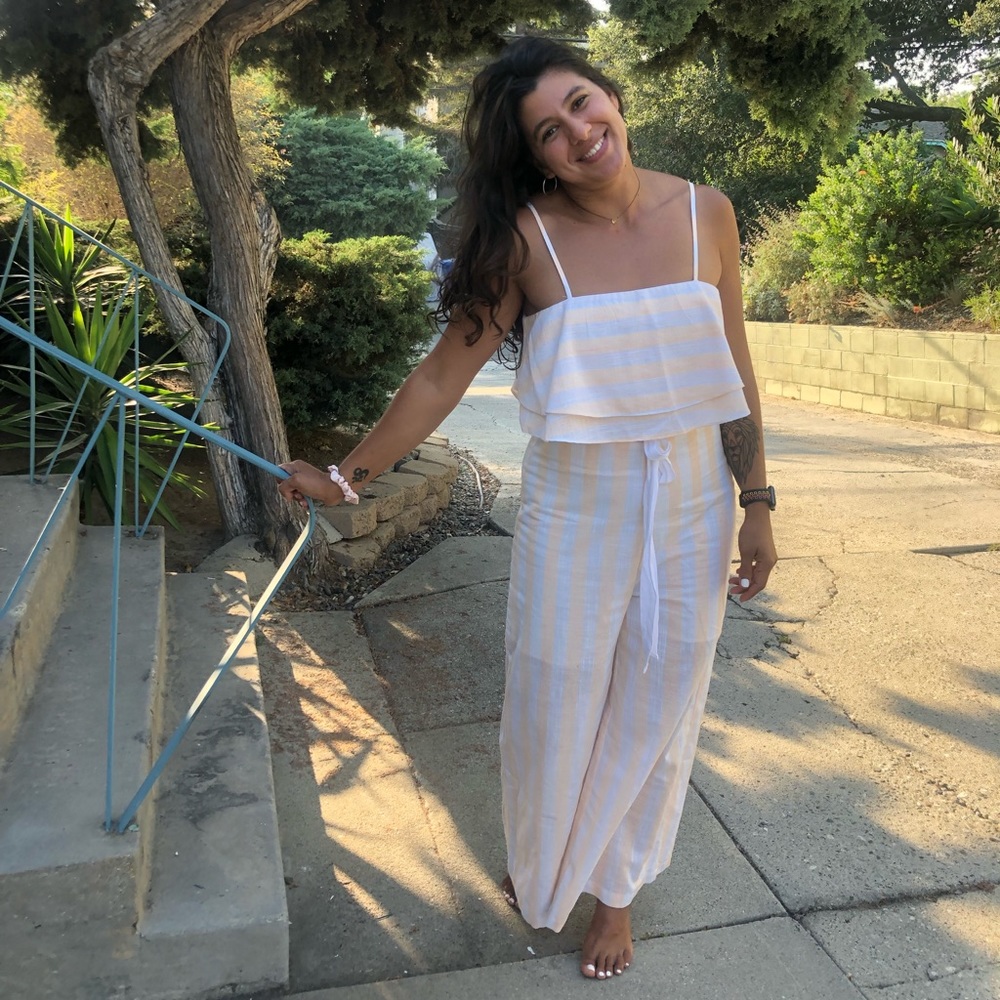 jumpsuit pink rose and white stripes perfect for summer or spring